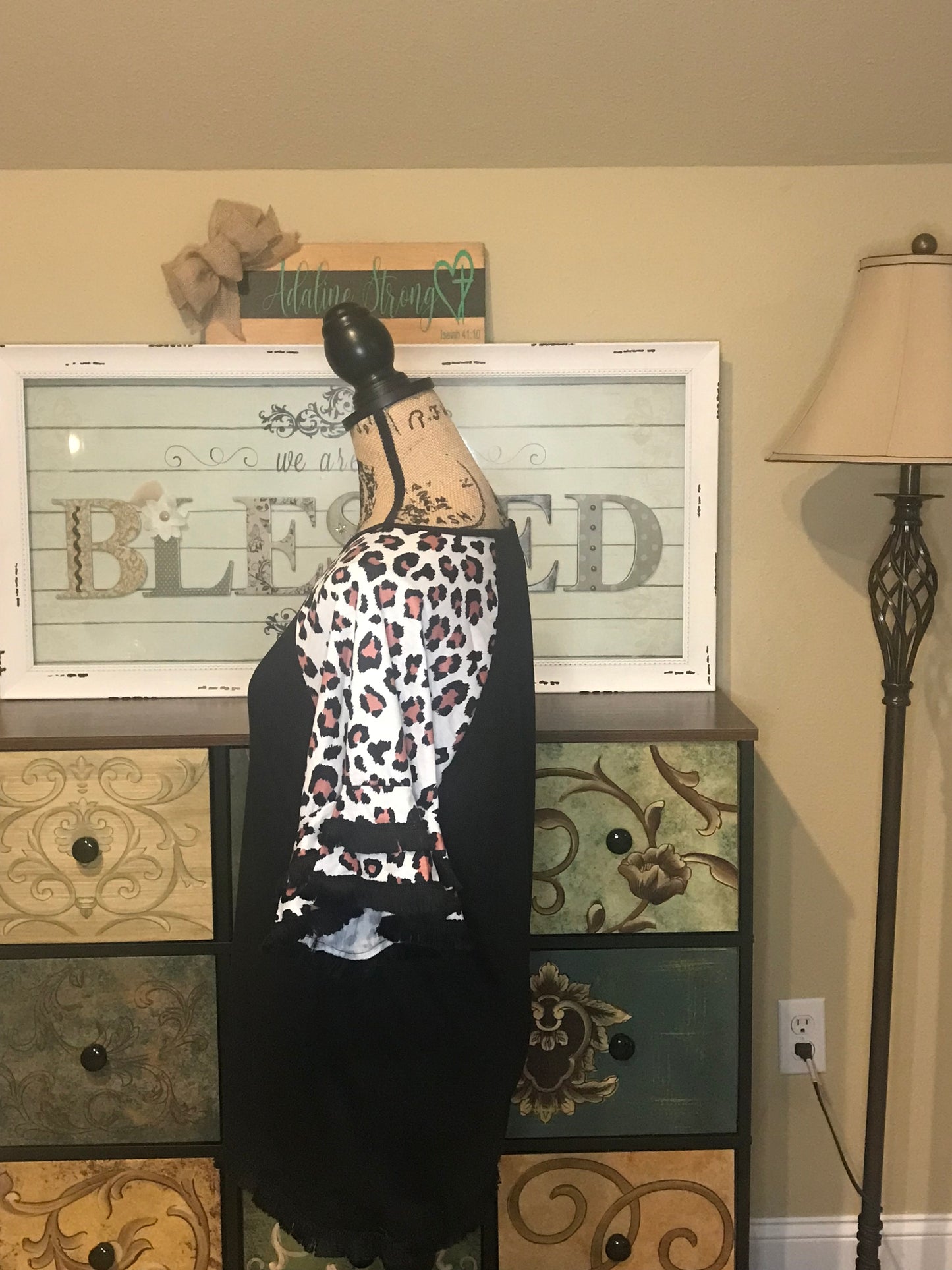 Black and Leopard Print Tasseled Top