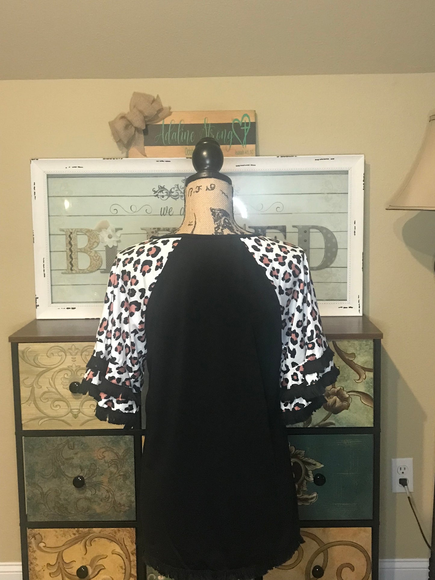 Black and Leopard Print Tasseled Top