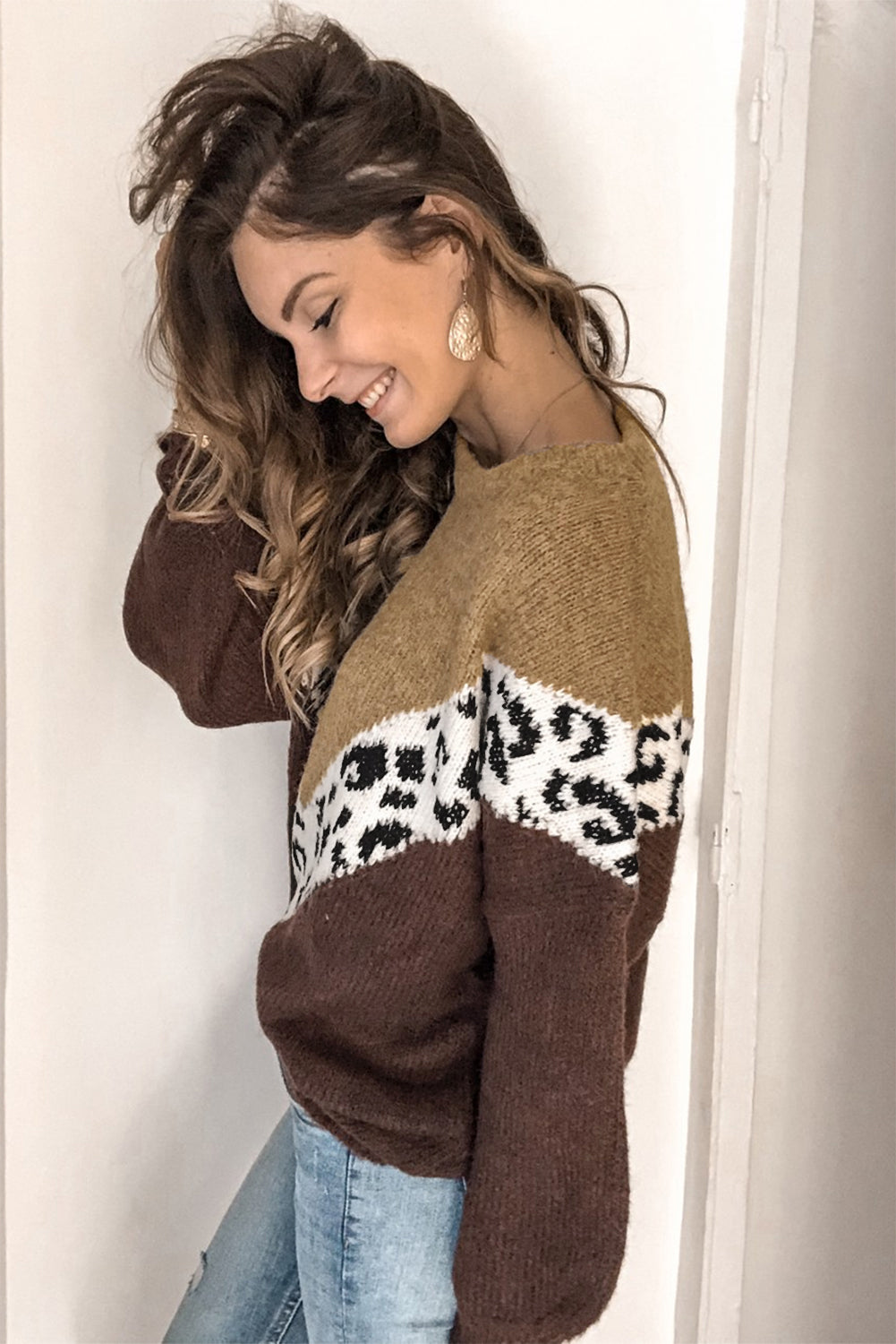 Brown Colorblock Leopard Sweater