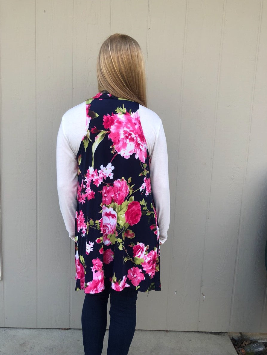 Open Front Cardigan in Navy Blue and Floral with Pockets