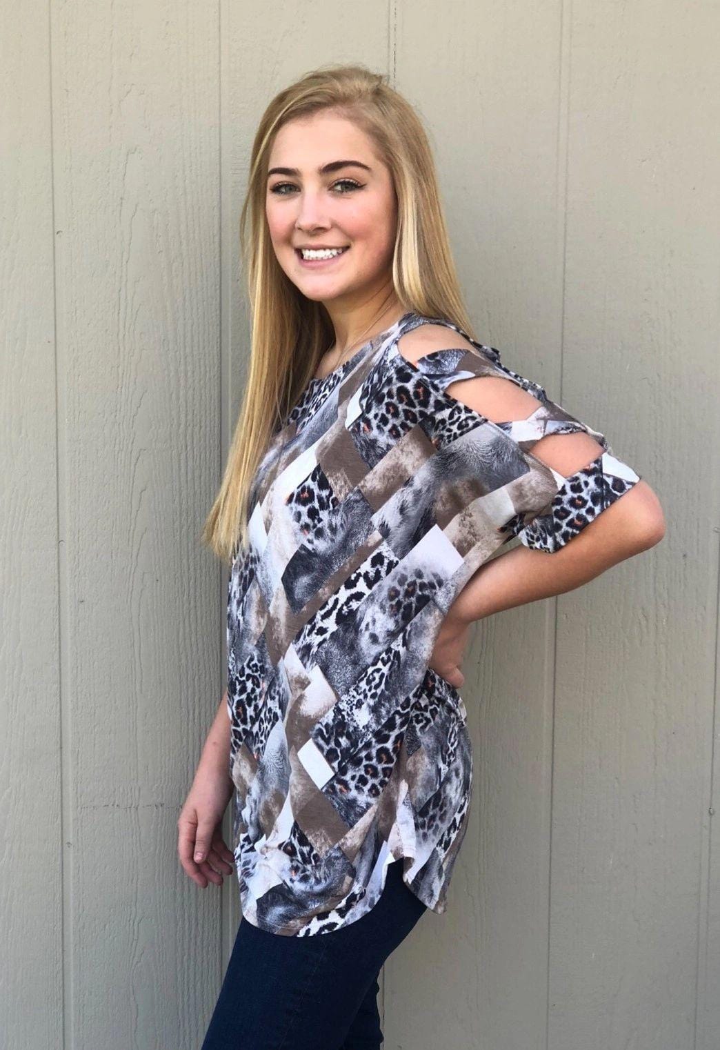 Animal Print Tunic w-Cut Out Sleeves and Rounded Neck