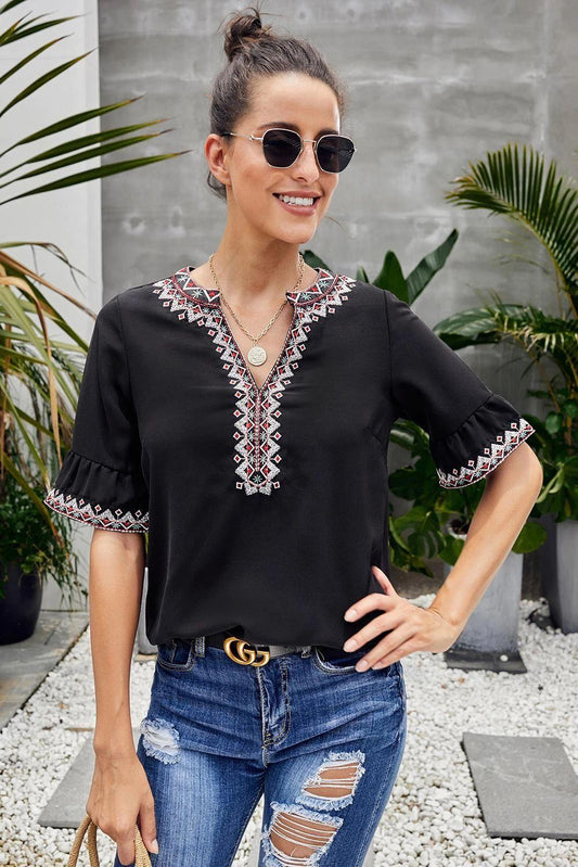 Black Boho Floral V-Neck Casual Blouse