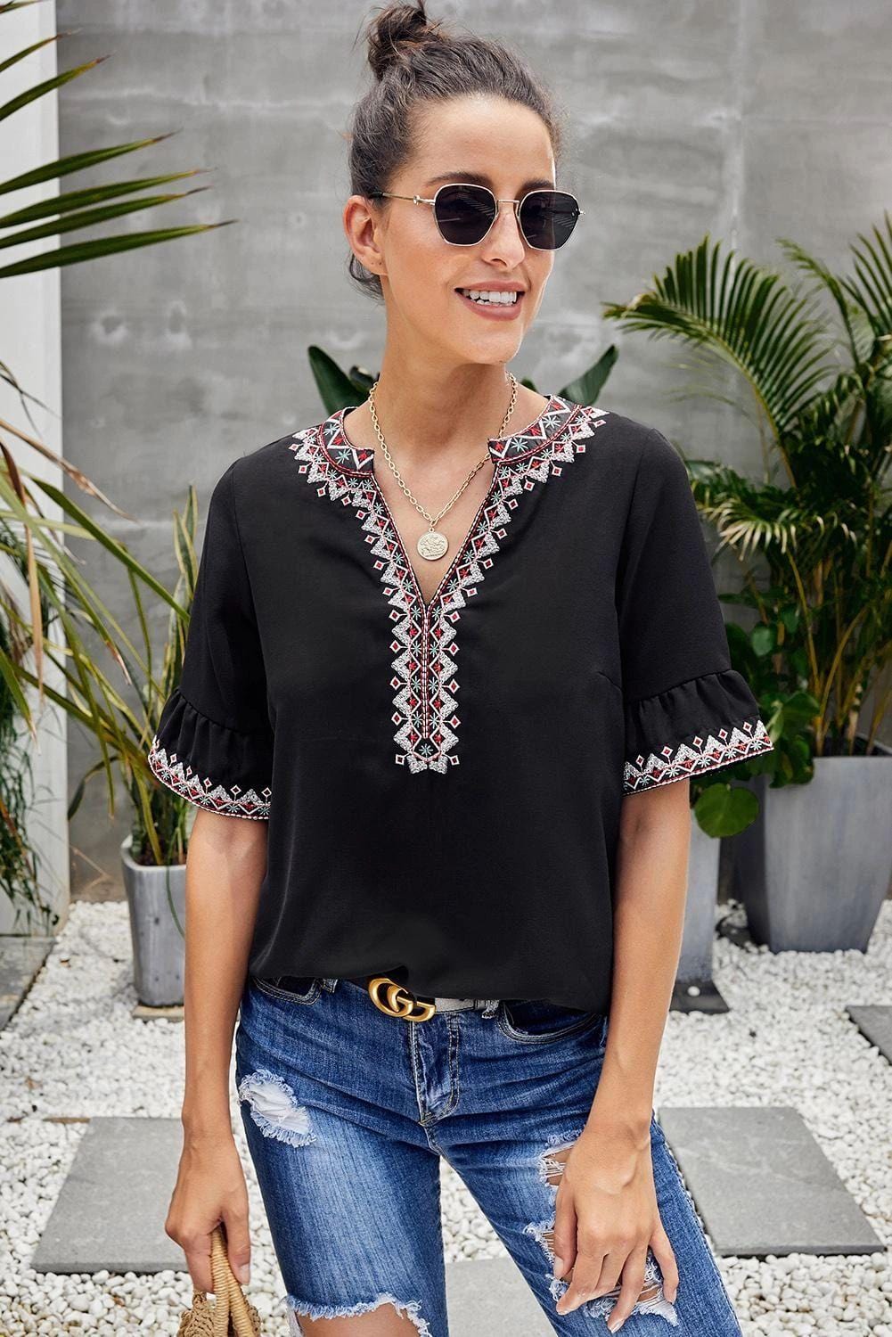 Black Boho Floral V-Neck Casual Blouse