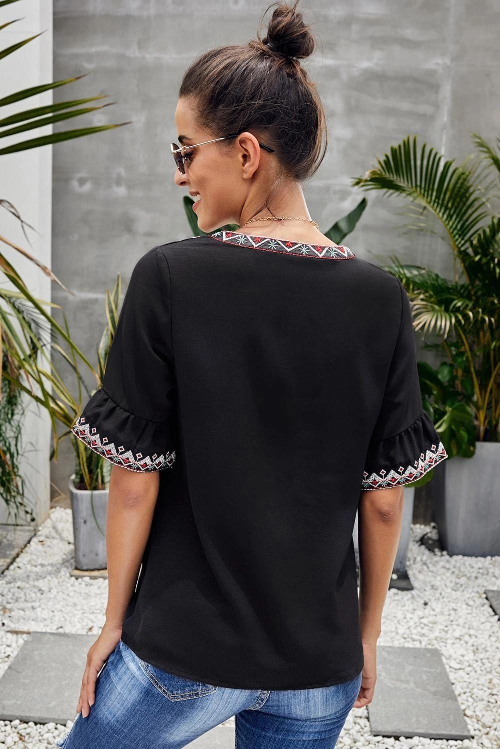 Black Boho Floral V-Neck Casual Blouse