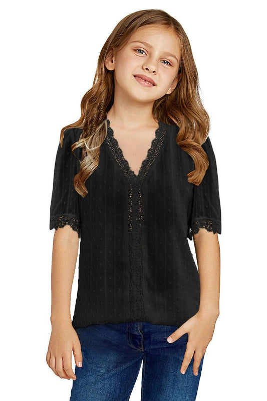 Black Swiss Dot Lace Girls Top