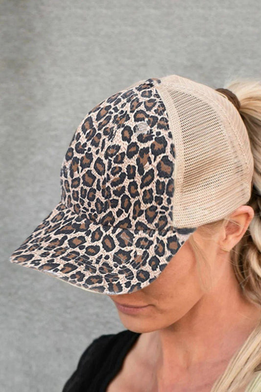 Brown Leopard Mesh Ponytail Hat