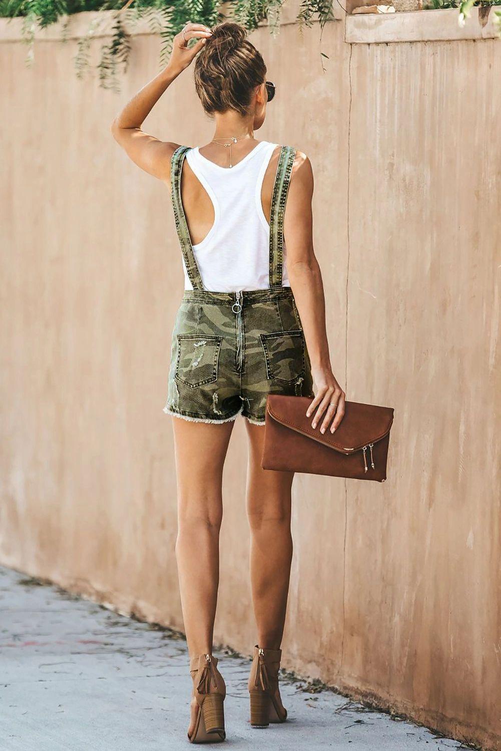 Camo Pocket Distressed Overall Shorts