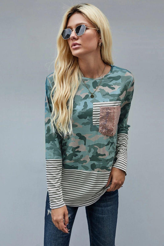 Camo Stripe Long Sleeve Top with Sequin Pocket