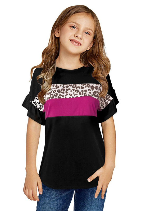 Girls Leopard Block Ruffle Top