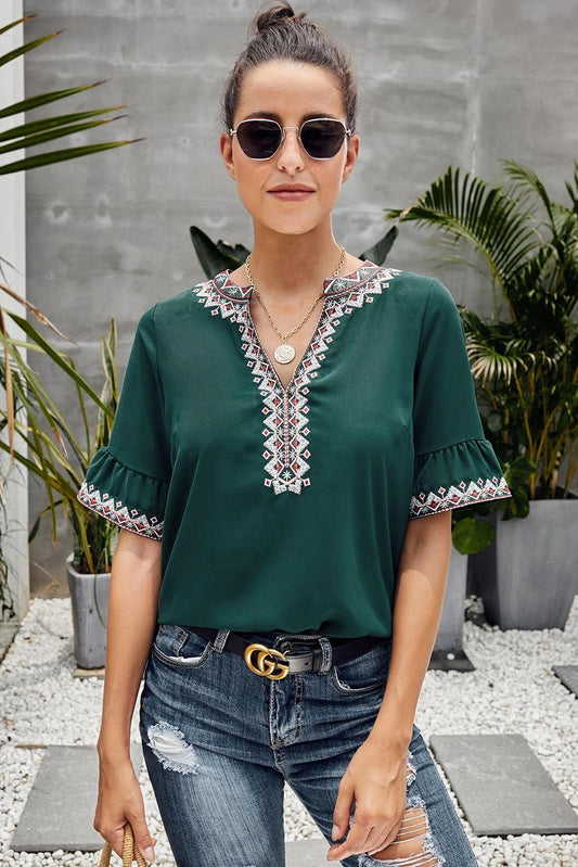 Green Boho Floral V-Neck Casual Blouse