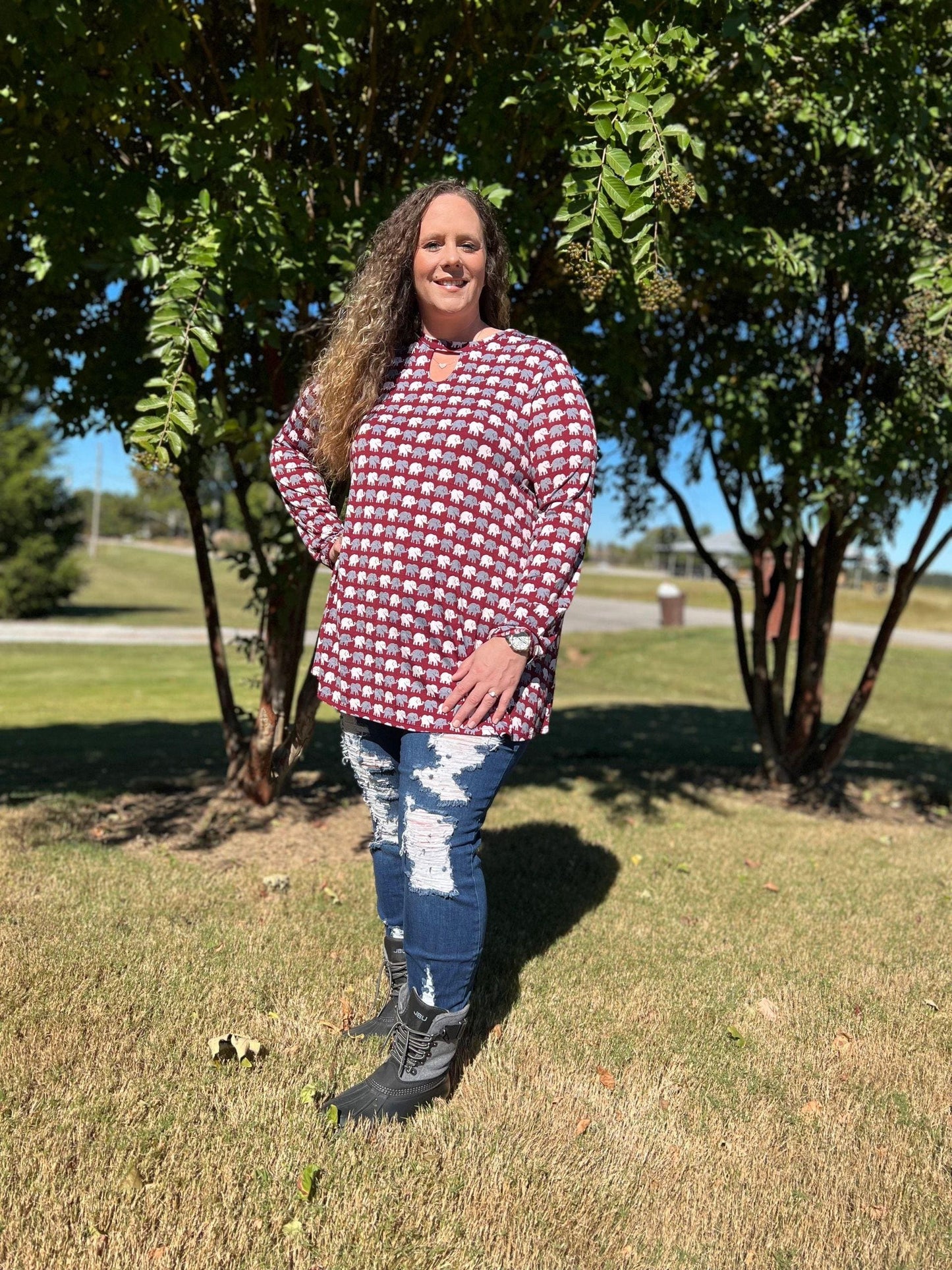 Plus Size Long Sleeve Tunic with Gray and White Elephants