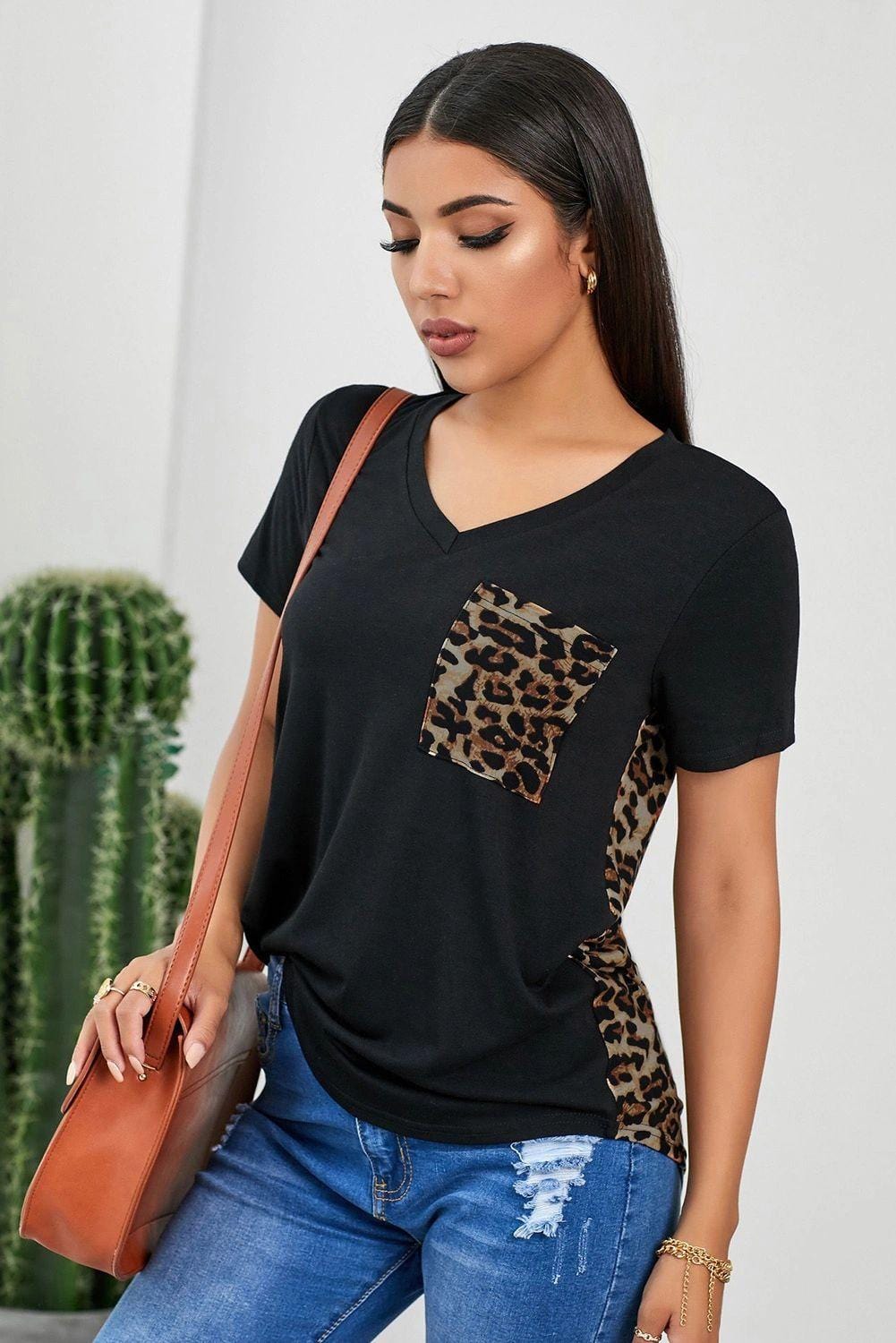 Black Leopard Print Spliced T-shirt