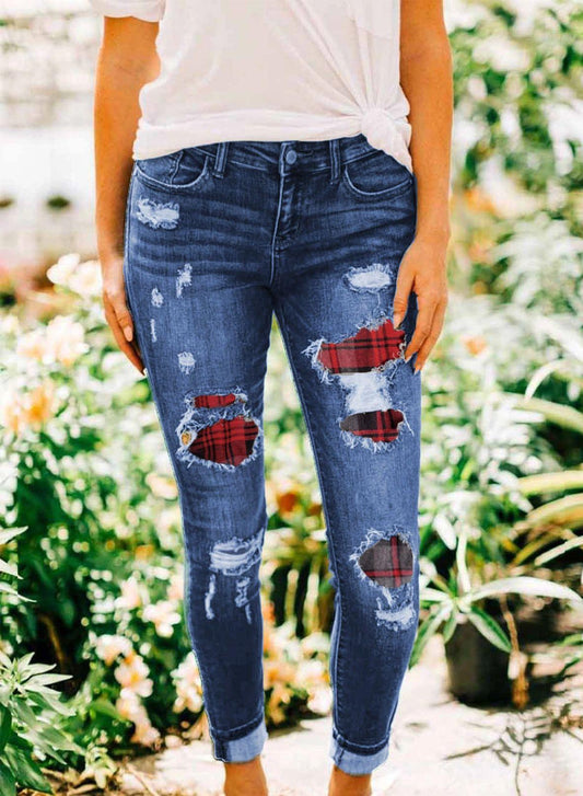 Red Plaid Patch Skinny Jeans