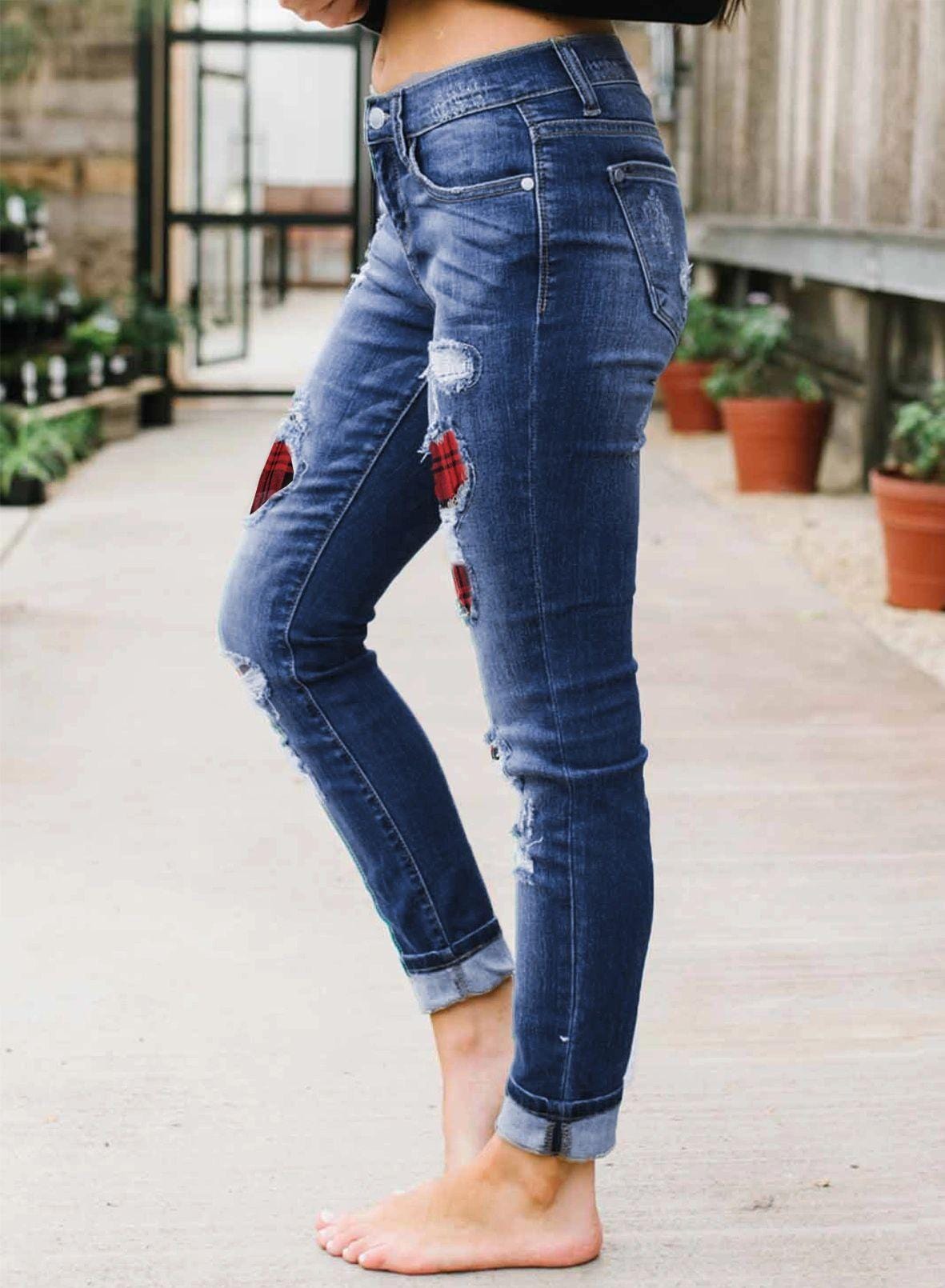 Red Plaid Patch Skinny Jeans