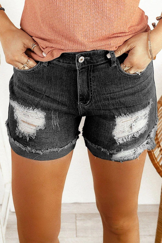 Black Distressed Denim Shorts