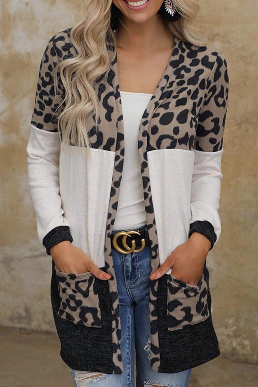 Leopard Block Cardigan with Pockets