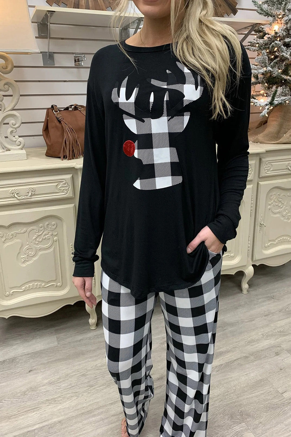 Plaid Reindeer Pajama Set