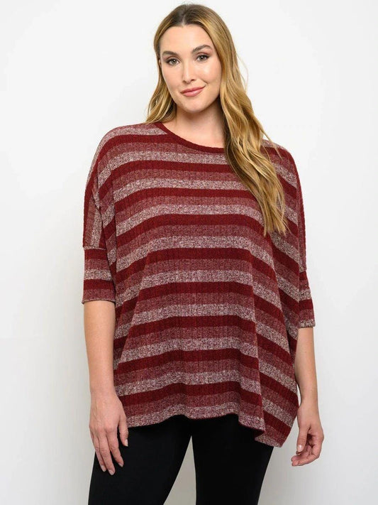 Burgundy Striped Tunic Top-Plus Size Only