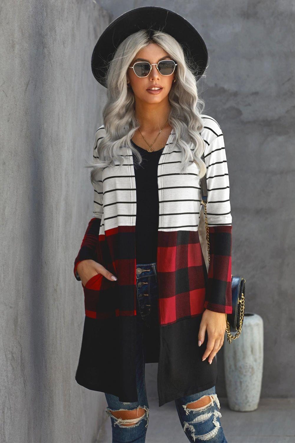 Red Plaid Striped Cardigan