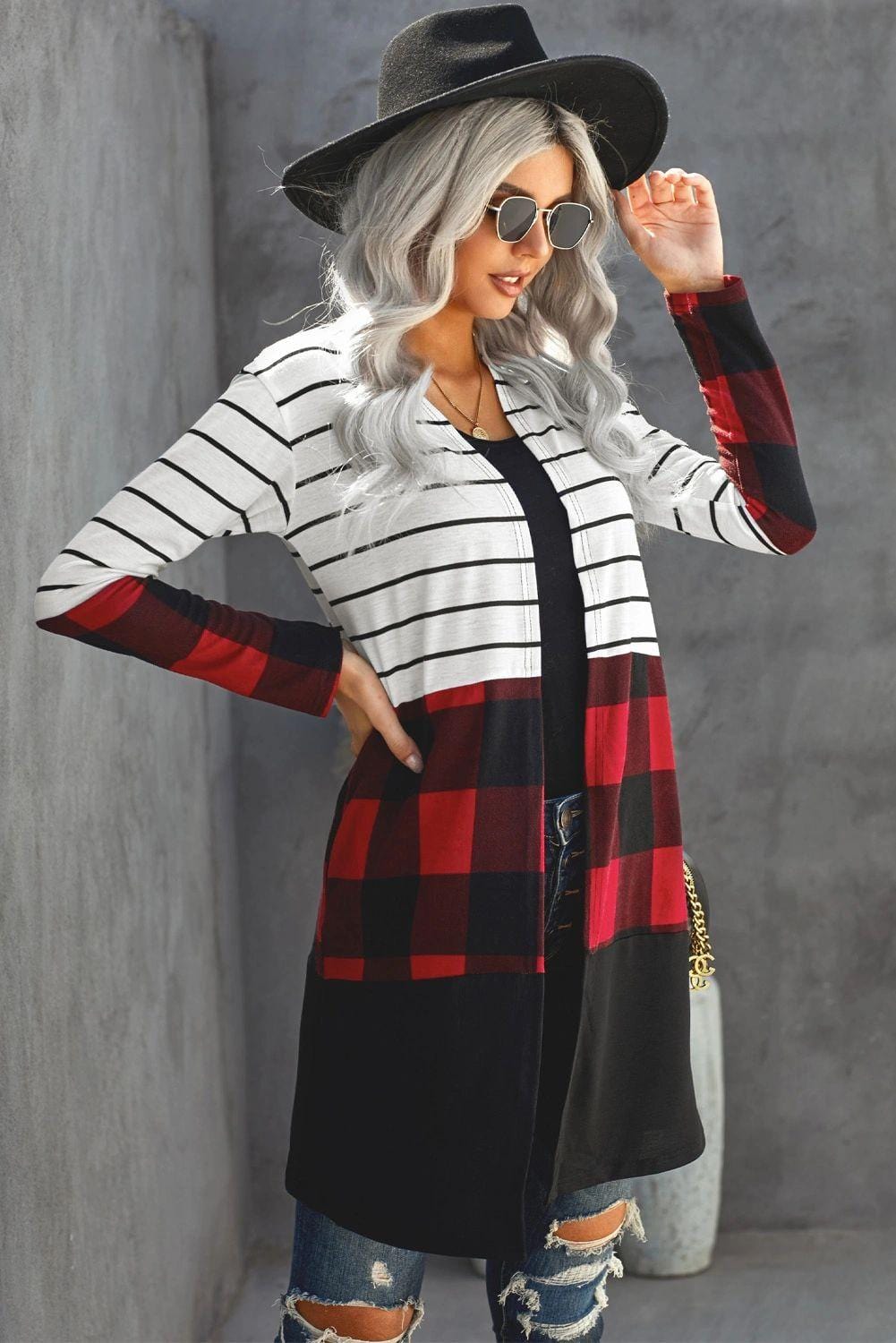 Red Plaid Striped Cardigan