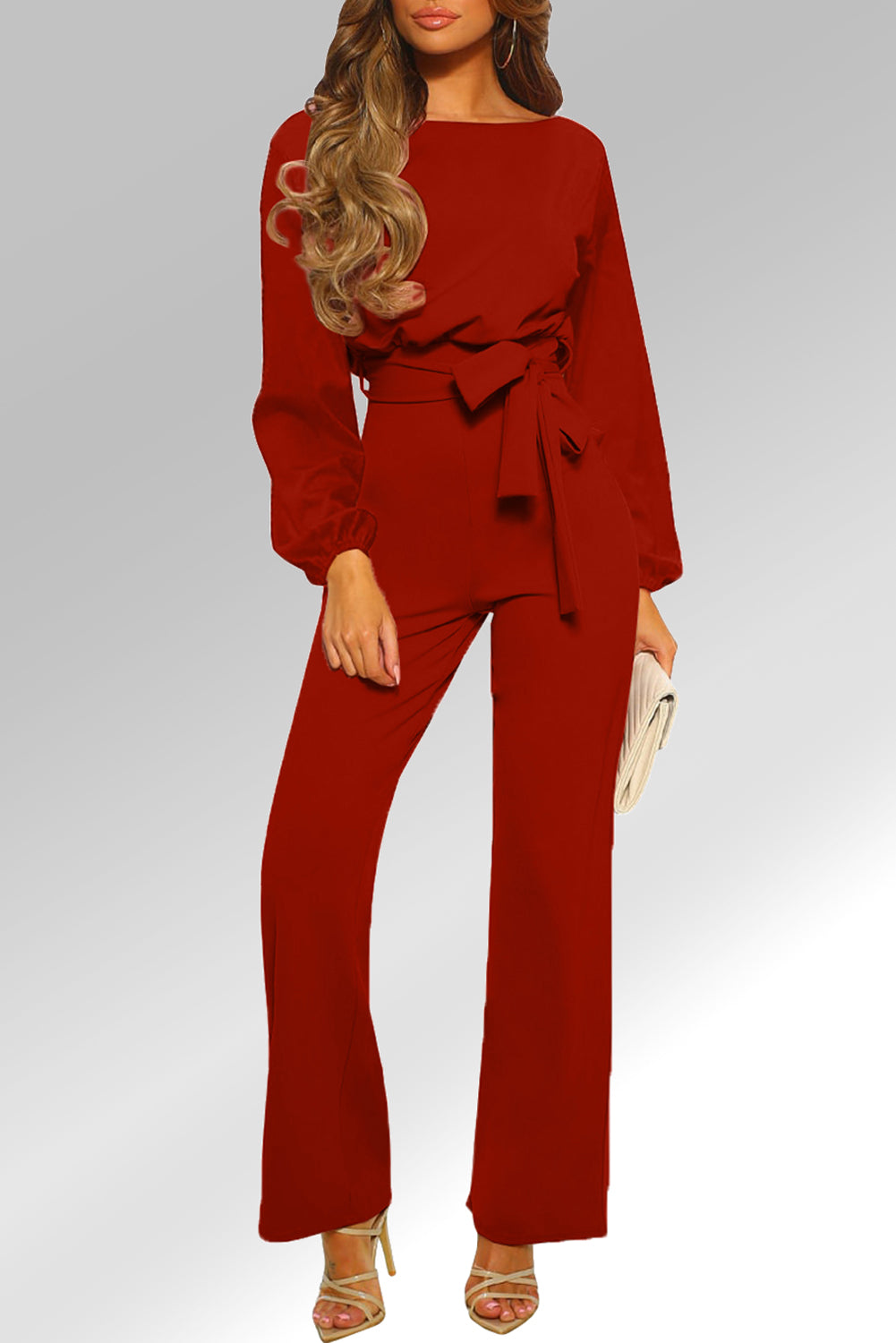 Red Straight Leg Jumpsuit with Belt Tie