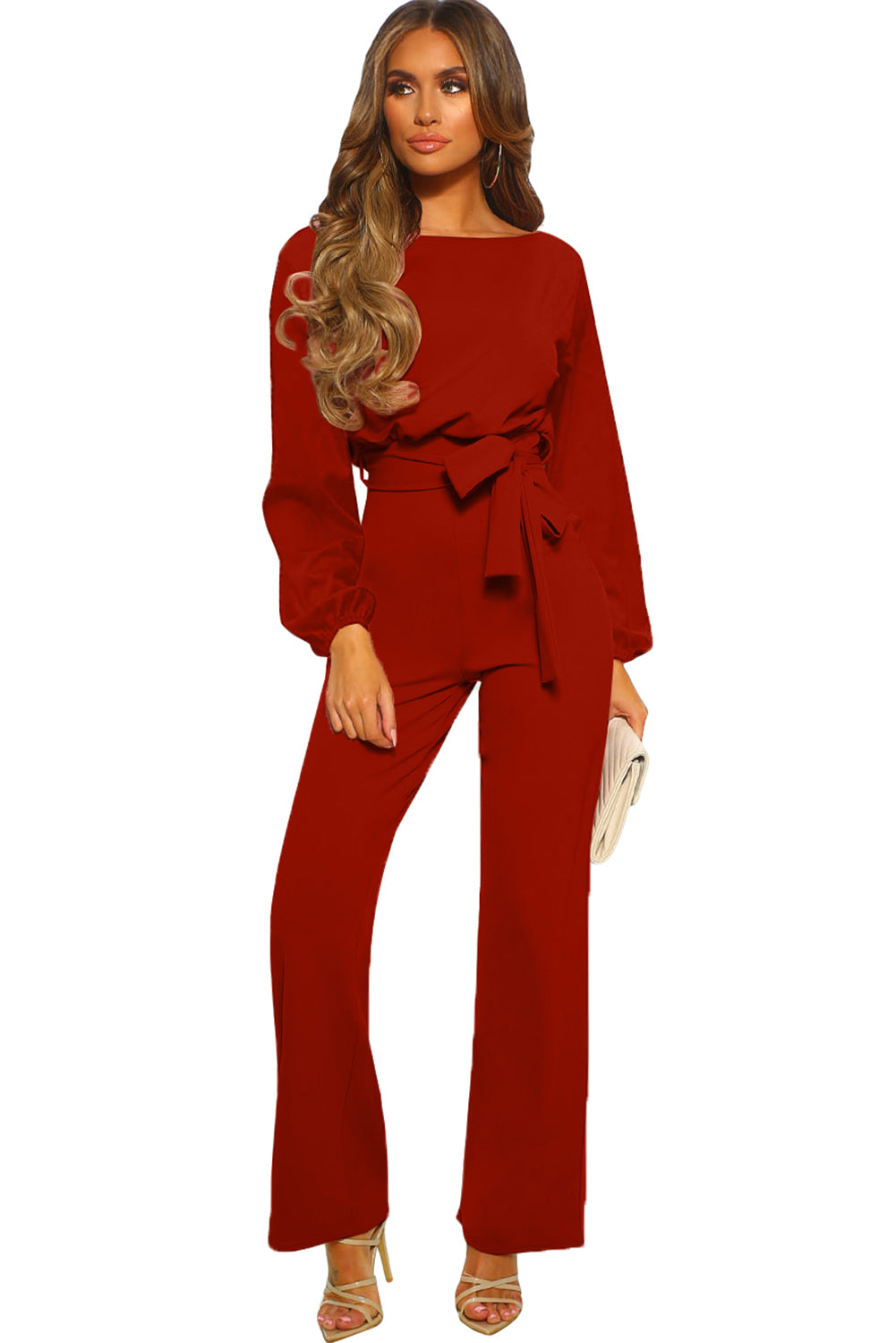 Red Straight Leg Jumpsuit with Belt Tie