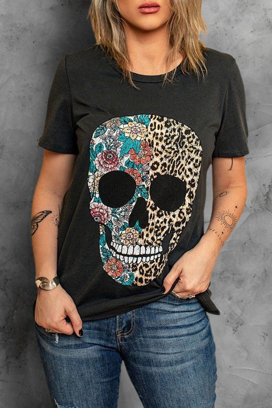 Skull Tee with a Leopard and Floral Design