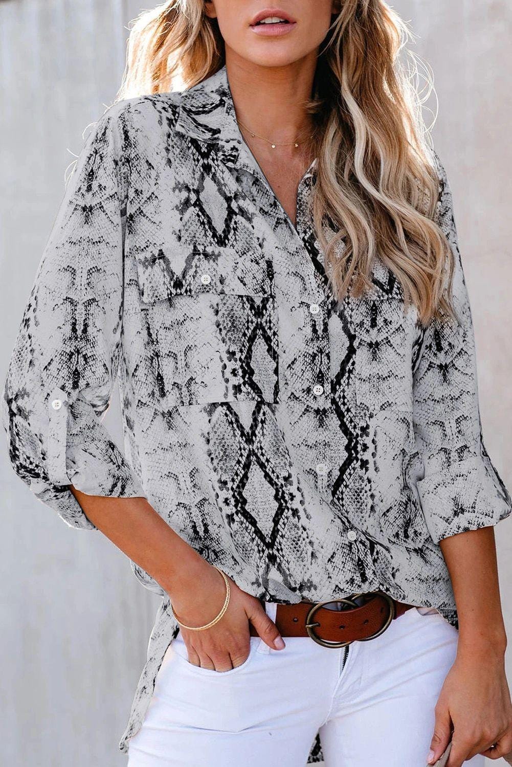 Wild Snake Print Button Down Blouse with Pockets- Only Blue Left Instock