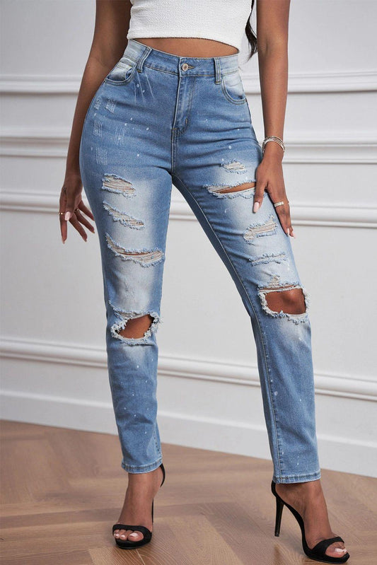 Light Blue Ripped Straight Leg Jeans